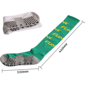 Knee high green football socks with a grey towel bottom and a logo, featuring a custom pattern design.