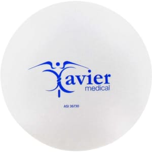 A white stress ball shaped like a tablet with a blue logo on one side.