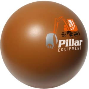 A brown baseball-shaped stress reliever with a logo on one side. Round and smooth surface, ideal for stress relief.