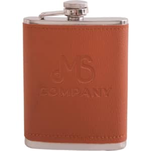 A drink bottle in a brown leather finish with a stainless steel cap and branding on the surface.