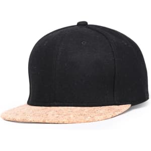 A black snapback cap with a flat cork peak and a prominent logo.
