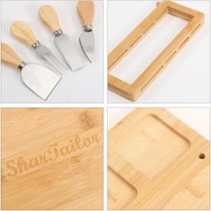 A bamboo cheese board knife set featuring three knives with wooden handles and a matching bamboo holder.