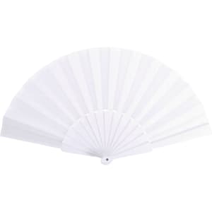 A fabric hand-held fan in white, featuring a traditional fan design with a circular handle and pleated fabric.