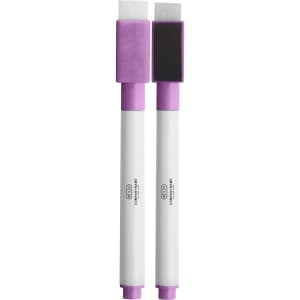 Two magnetic whiteboard markers in purple and white, featuring chisel tips and a branding logo.