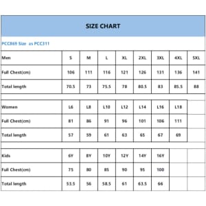 A size chart displaying measurements for men's, women's, and kids' sizes including chest and length details.