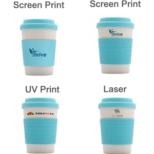 A bamboo fibre coffee cup with a light blue silicone lid and grip, featuring various print options and a logo.
