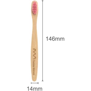 A small bamboo toothbrush with a pink bristle head and a wooden handle, featuring a logo.