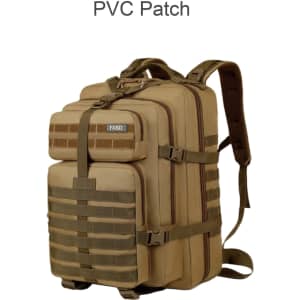 A tactical backpack in tan with multiple compartments, straps, and a patch area, featuring a textured front.