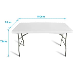 A rectangular white table topper measuring 180 cm by 75 cm, supported by foldable grey legs.