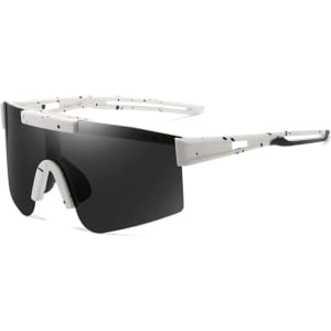 Frameless sports sunglasses in white with a black lens, featuring a modern design and a logo on the frame.