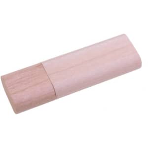 A rounded wooden flash drive with a light natural wood finish and a removable cap. It features an unlabelled logo.