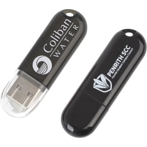 A black flash drive with a transparent cap, featuring a logo on one side and a solid surface on the other.