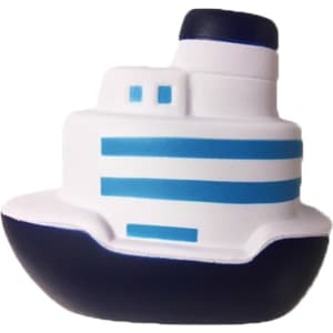 A ship-shaped stress reliever, featuring a white and navy design with blue stripes. It has a logo on the side.
