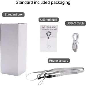 A standard box containing a user manual, USB-C cable, and a phone lanyard. The packaging is plain and white.