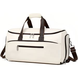 A cream-coloured convertible backpack duffel garment bag with brown accents and multiple zippered compartments.