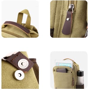 A canvas sling backpack in olive green features brown leather accents and multiple compartments for storage.