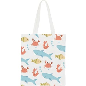 A white cotton bag featuring a playful aquatic pattern with fish, crabs, and bubbles. It has long handles and a logo.