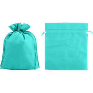 A turquoise non-woven drawstring bag next to an open version of the same bag, both featuring a simple design.