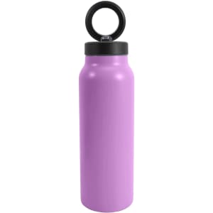 A drink bottle in vibrant purple with a black lid and a circular ring for easy carrying.