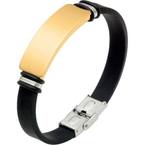 A colour engraved bracelet featuring a gold-toned rectangular plate on a black flexible band with silver accents.