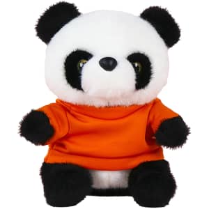 A cute plush panda toy with black and white fur, dressed in an orange shirt, featuring a small branding logo.