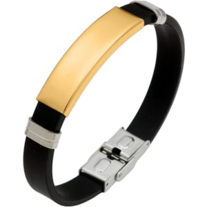 A metal buckle latch bracelet featuring a gold-coloured centrepiece and black leather band with silver accents.