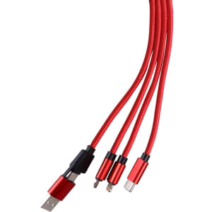 A red custom shape light-up charging cable with a keyring, featuring multiple connectors. It has a sleek design and branding.