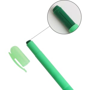 A highlighter crayon in vibrant green with a transparent cap, featuring a close-up of the tip.