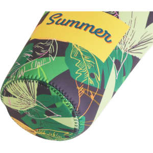 A green and patterned stubby holder with a lanyard and a logo, featuring a bright yellow section.