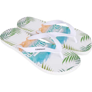 EVA thongs featuring a vibrant print with palm leaves and a splash of colour, complemented by white straps.