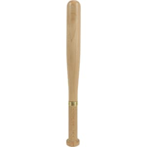 A baseball bat-shaped pen in a light wood colour, featuring a gold band near the writing end and a logo.