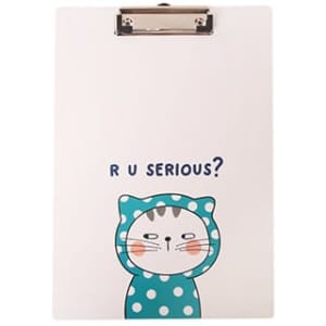 A clipboard featuring a cute cartoon cat in a polka dot hoodie, predominantly white with teal and blue accents.