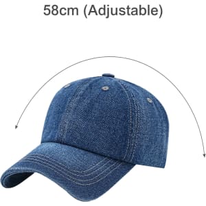 A denim baseball cap in a deep blue colour with an adjustable size feature. It has a logo on the front.