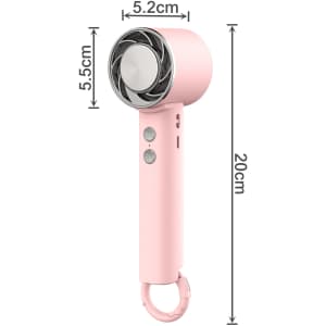 A pink personal cooling fan featuring a circular head, buttons, and a carrying loop. Dimensions are indicated.