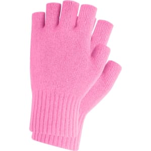 Fingerless gloves in bright pink with a knitted texture and a woven label. Ideal for children's clothing accessories.