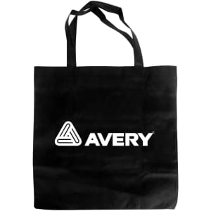 A black non-woven foldable bag featuring a logo. It has two sturdy handles for carrying.