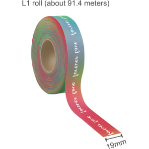 A roll of rainbow satin polyester ribbon featuring a variety of vibrant colours, with a width of 19mm and length of 91.4 meters.