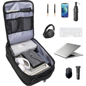 A waterproof black business backpack with various compartments, empty space, and surrounding items like a laptop, headphones, and pens.