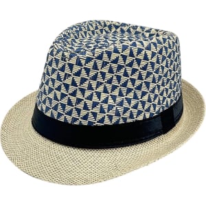 A straw woven top hat featuring a blue and cream geometric pattern with a black band.