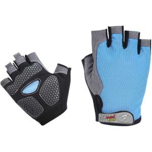 Anti-slip bike gloves in grey and light blue, featuring breathable mesh and padded grip areas. Includes branding.