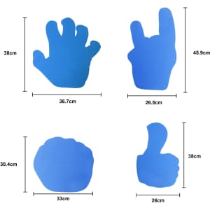 Four blue foam mitts in various hand shapes, each with specific dimensions listed.