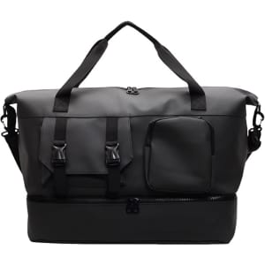 A black travel weekender bag featuring multiple pockets, sturdy handles, and a detachable strap.