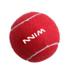 A red tennis ball with white stripes and a logo on its surface.