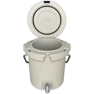 A beige ice bucket with a lid and a faucet at the bottom, featuring handles on the sides and a logo.