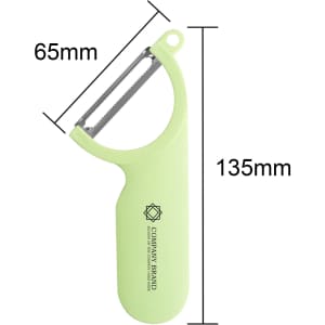 A green peeler with a stainless steel blade, measuring 135mm in length and 65mm at its widest point.