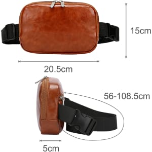 A brown polyurethane fanny pack with adjustable straps, featuring a zippered compartment and a logo.