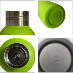 A drink bottle with a bright green exterior, stainless steel top, and insulated interior. Features a recycling symbol on the bottom.