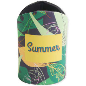 A drink bottle holder featuring a tropical design with green and yellow colours, and a logo.