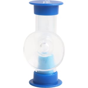 A blue and clear sand timer with a round centre, designed to measure three minutes.