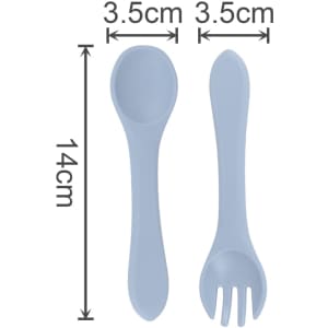 A light blue silicone spoon and fork set for kids, featuring rounded handles and specific dimensions.